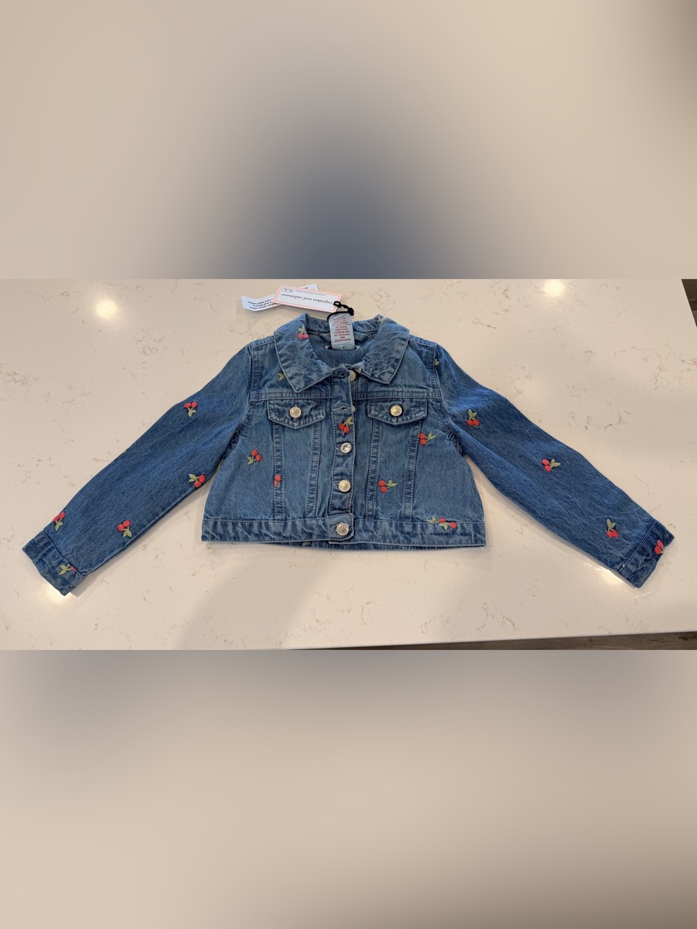 cupcakes & cashmere Girls' Blue Denim Jacket with Cherry Embroidery 3T